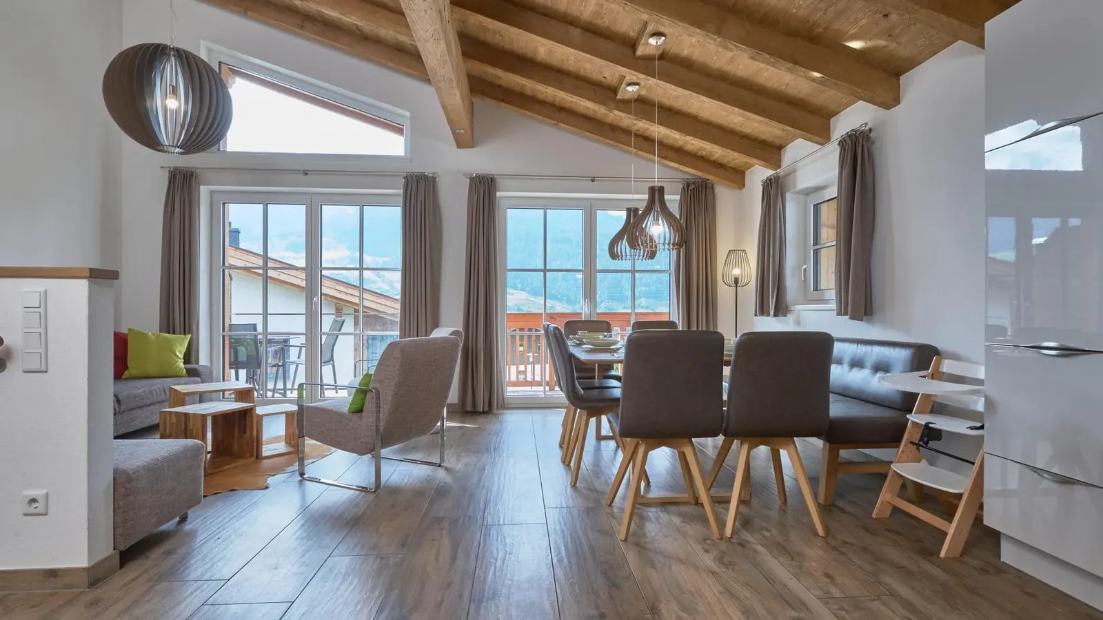 The living room and dining table