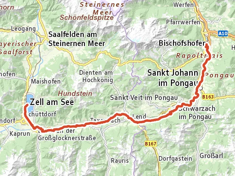 Waters of Central Europe Route – [AT]_1 – (Zell am See - Bischofshofen) drawn on a map of the valley