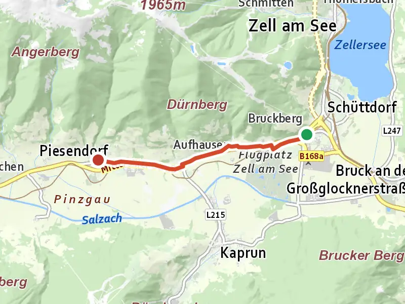 Tauernradweg - Variante Fürth - Bruckberg drawn on a map of the valley