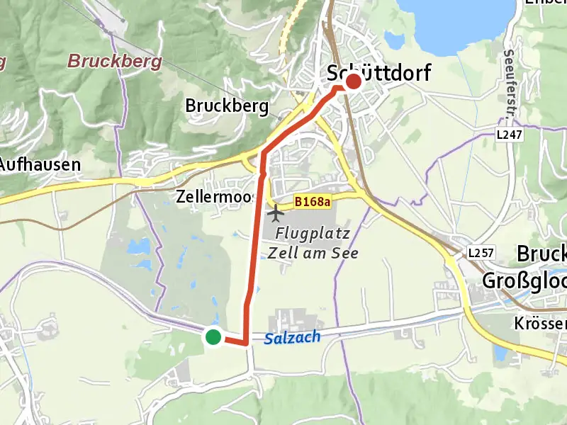 Tauernradweg - Variante Kaprun - Zell am See drawn on a map of the valley