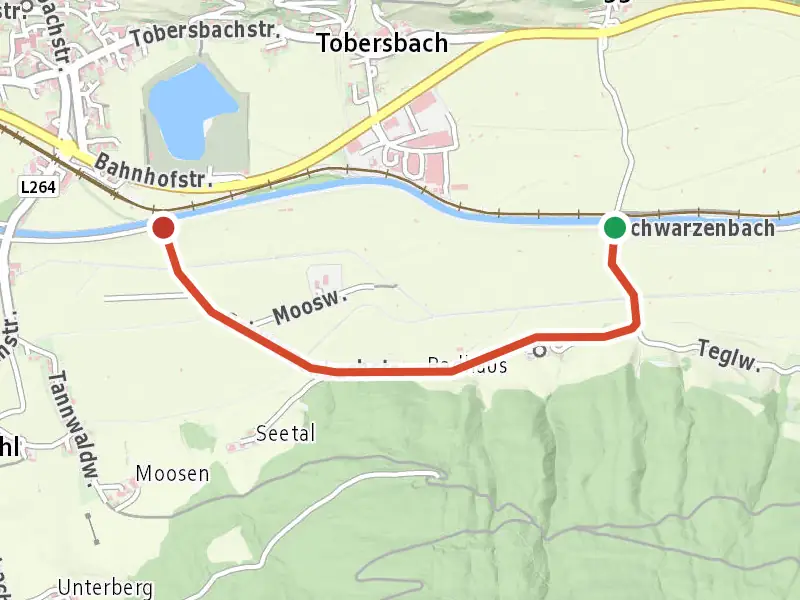 Tauernradweg - Variante Schwarzenbach drawn on a map of the valley