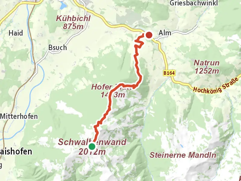 Maria Alm am Steinernen Meer - Schwalbenwand drawn on a map of the valley
