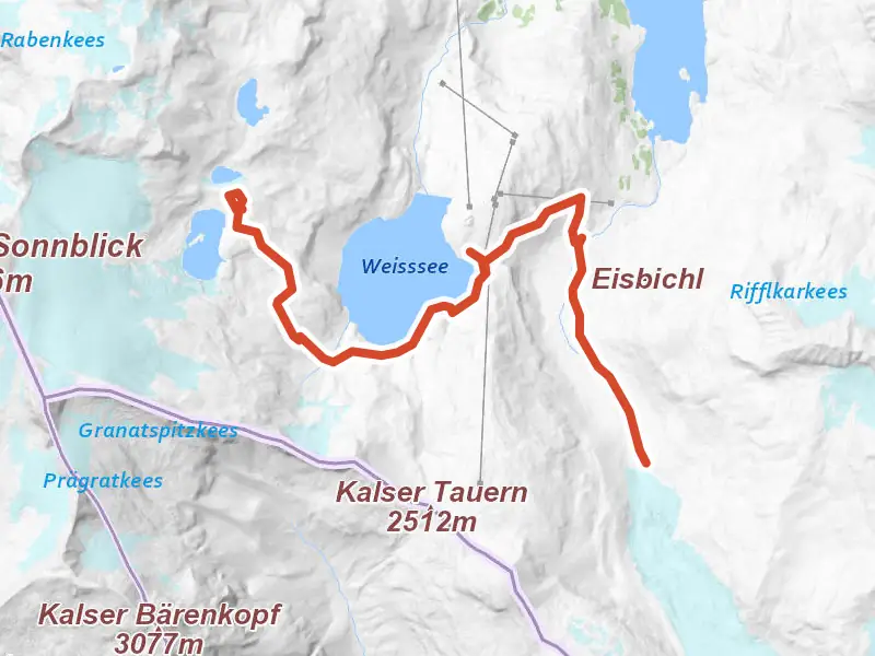 Gletscherlehrweg drawn on a map of the valley