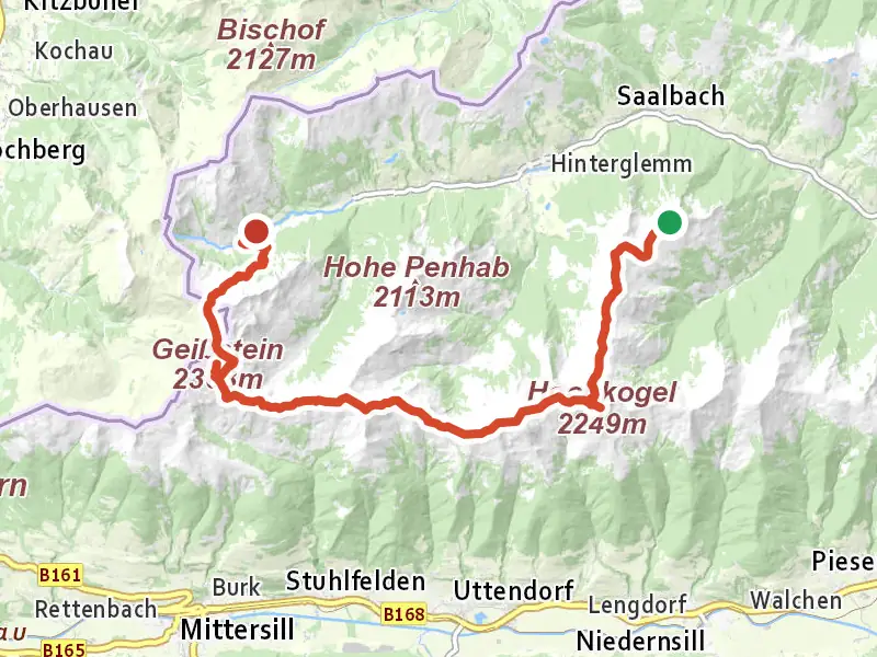 The SEVEN SUMMITS of Saalbach Hinterglemm drawn on a map of the valley