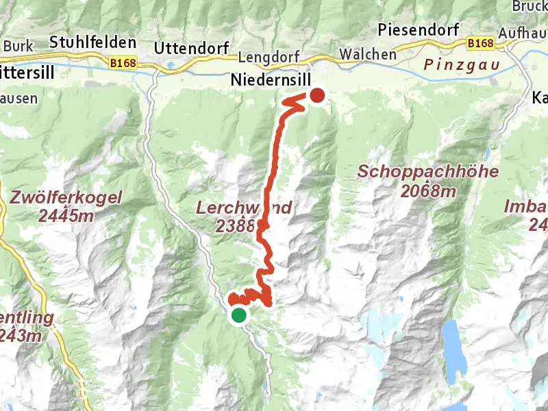 AV Weg 720 (Einödalm-Neuschmiedalm-Breiteck) drawn on a map of the valley
