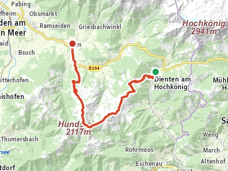 Königsweg (Dienten - Maria Alm) drawn on a map of the valley