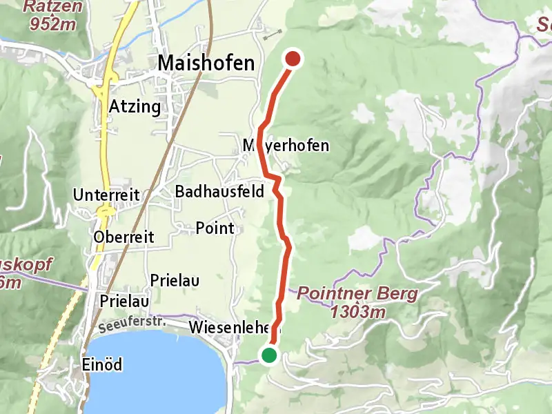 Wanderweg 92 drawn on a map of the valley