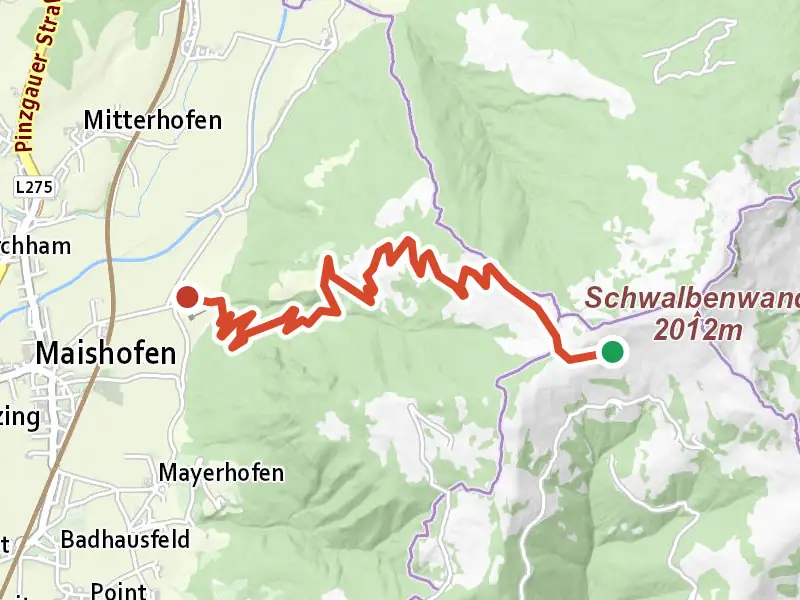 Wanderweg 126 drawn on a map of the valley