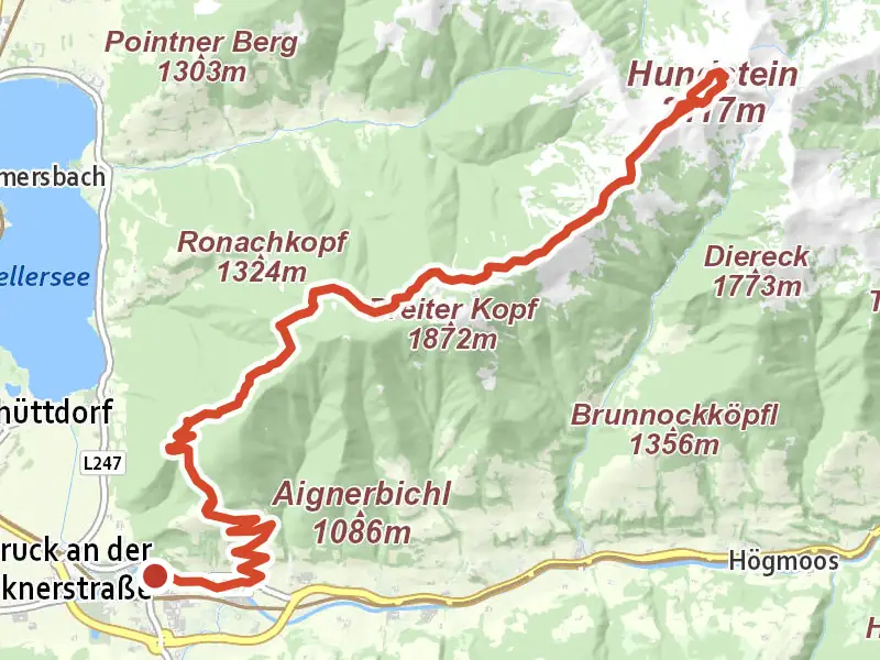 Bruck - Hundstein drawn on a map of the valley